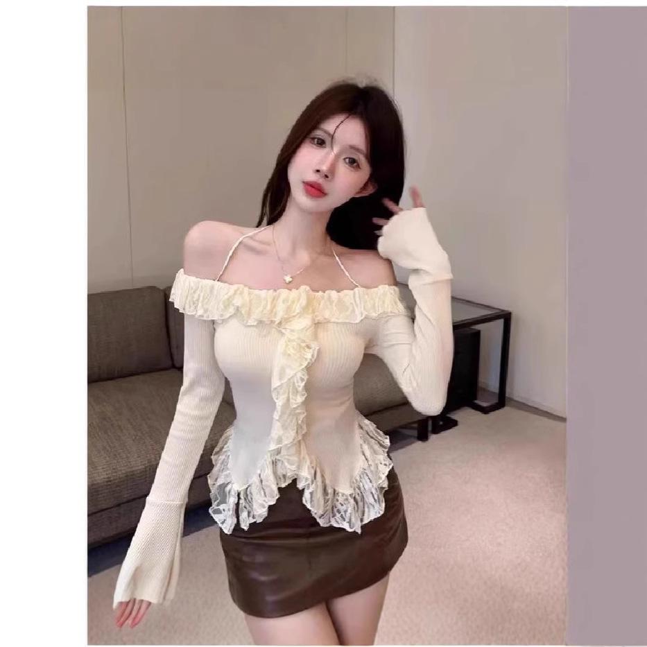 

Вязаный свитер с кружевом, с открытыми плечами, с разрезом, с рукавами-колокольчиками, женский, осень/зима 2024 One Size абрикосовый