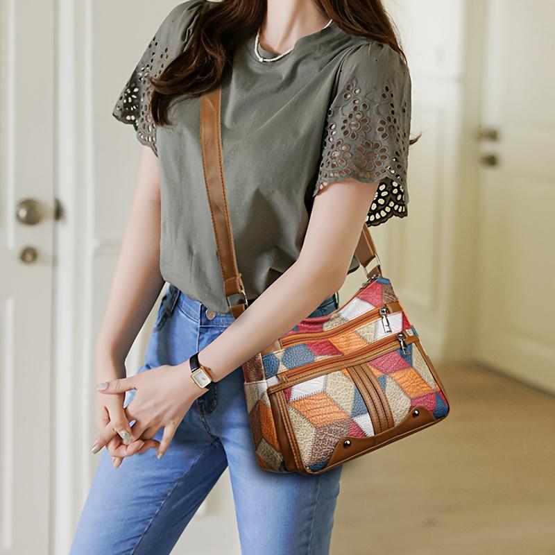 Women Geometric Pattern Synthetic Leather Crossbody Shoulder Bag Adjustable Strap Multi Color Optis for Daily Use Work Travel