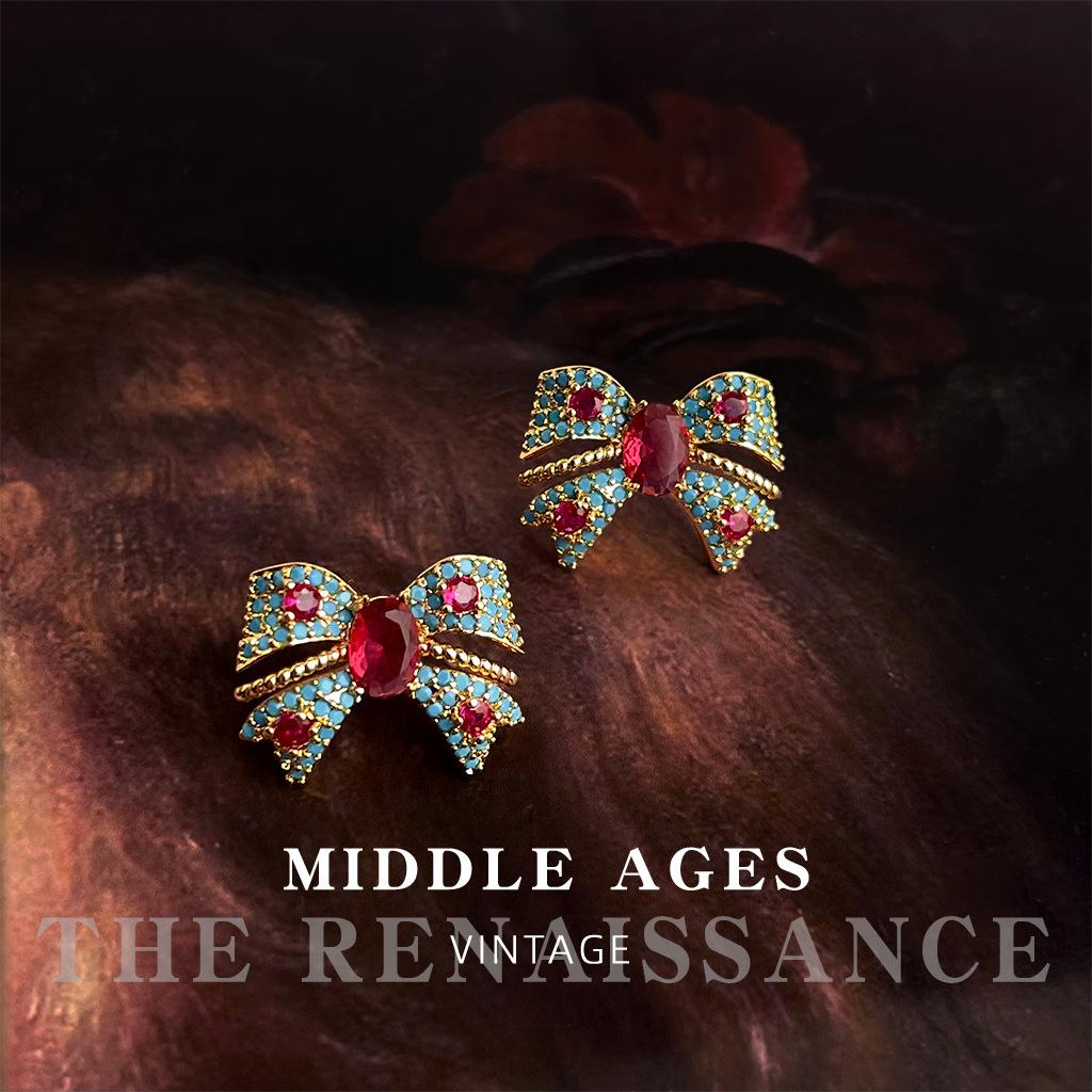 

French color zircon bow earrings literary retro earrings