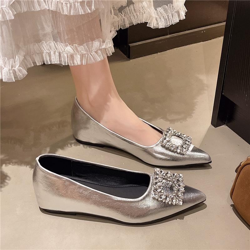 2025 spring and autumn new flat-bottomed commuter single shoes rhinestone square buckle pointed shallow mouth shoes daily height increase one pedal s