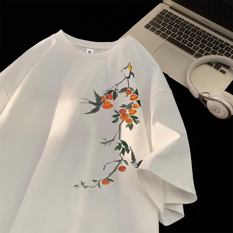 

2024 Женская новая футболка свободного кроя из чистого хлопка в китайском стиле с коротким рукавом M белый