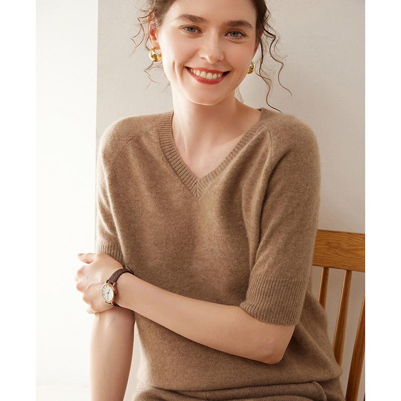 Women's Cashmere V-Neck Raglan Sweater - Short Sleeve, Solid Color, Autumn/Winter Thin Knit T-Shirt
