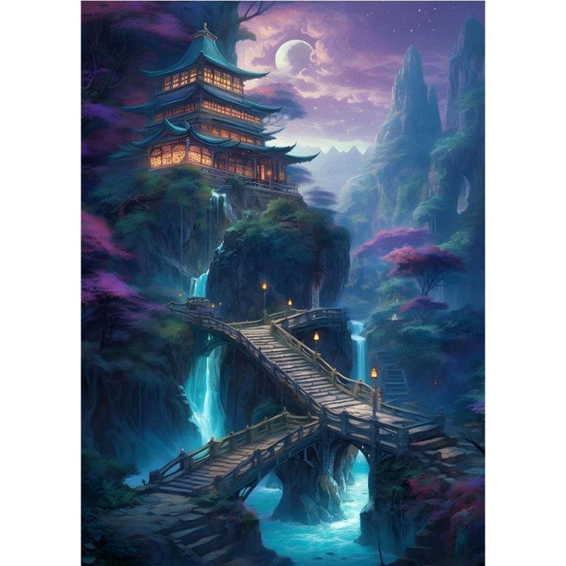 Japanese cherry color koi, fish, moonlake, magic art poster, canvas, painting, Japanese landscape, wall art for living room, home decor