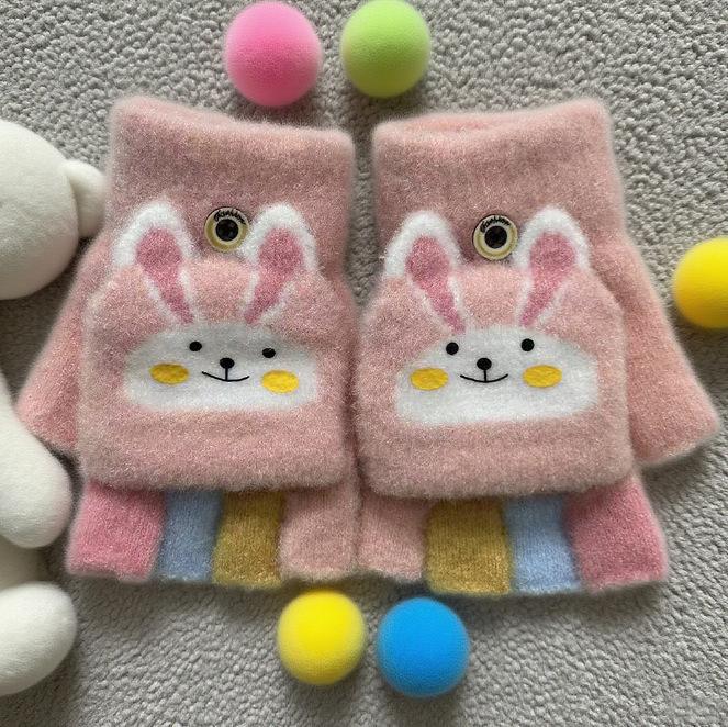 Customized Autumn Boys and Girls Flip Cover Half Finger Dew Finger Students Write Homework Warm Plush Writing Gloves Winter