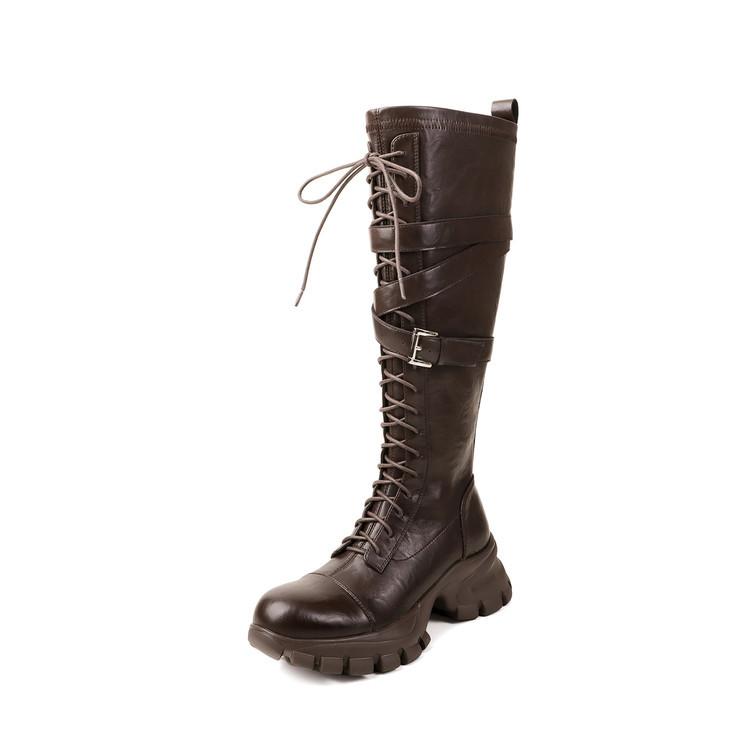 Leather high boots women's thick heel round head Martin boots 2025 autumn and winter muffin thick sole strap knight boots side zipper