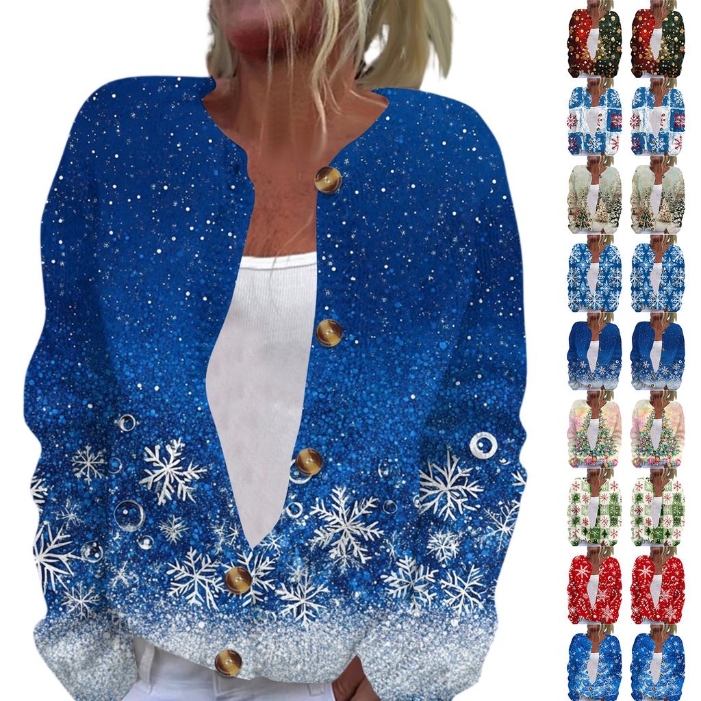 Women's Fashion Printed Long Sleeve Knitted Cardigan Button Down Jacket