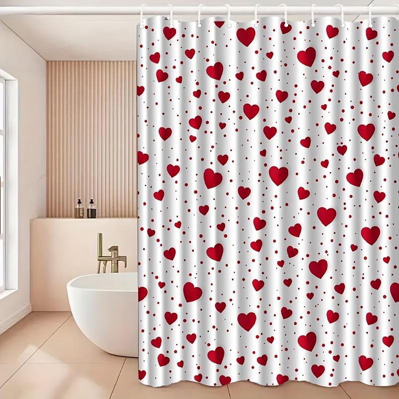 1pc Red Heart-patterned Shower Curtain, Polyester Fabric, Machine Washable, with Hooks, Suitable for Bathroom Décor.