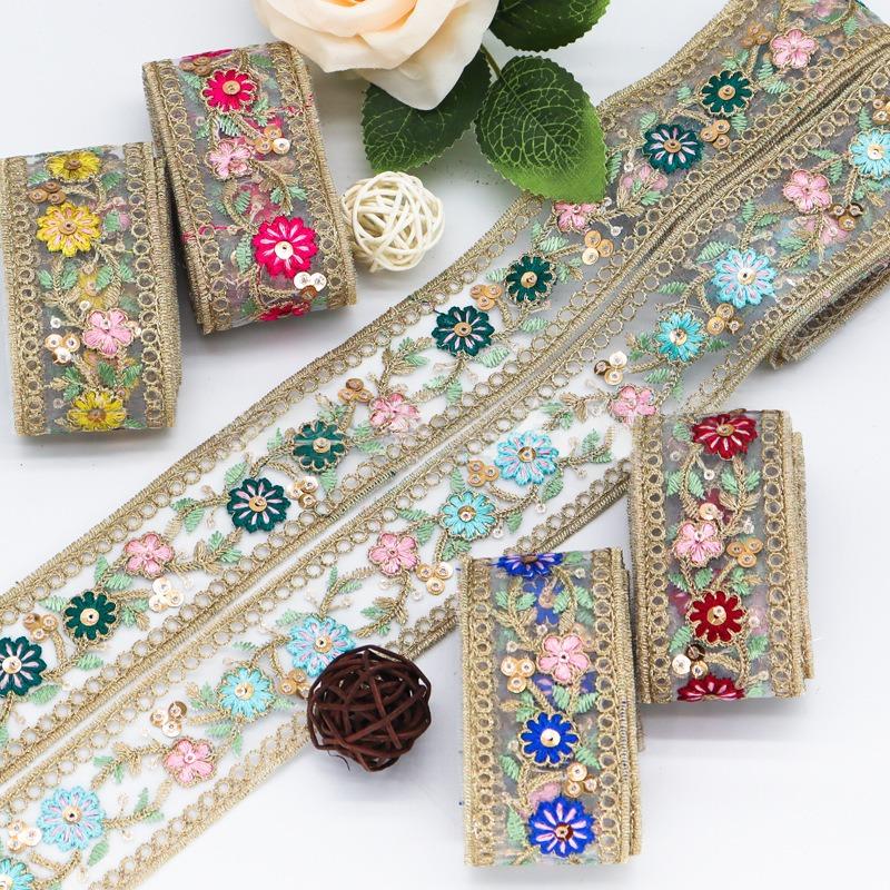 5yards 4cm Embroidered Flower Ribbon, Ethnic Lace Trimming for DIY Sewing Clothes, Bag Accessories Curtain/Tablecloth Decor