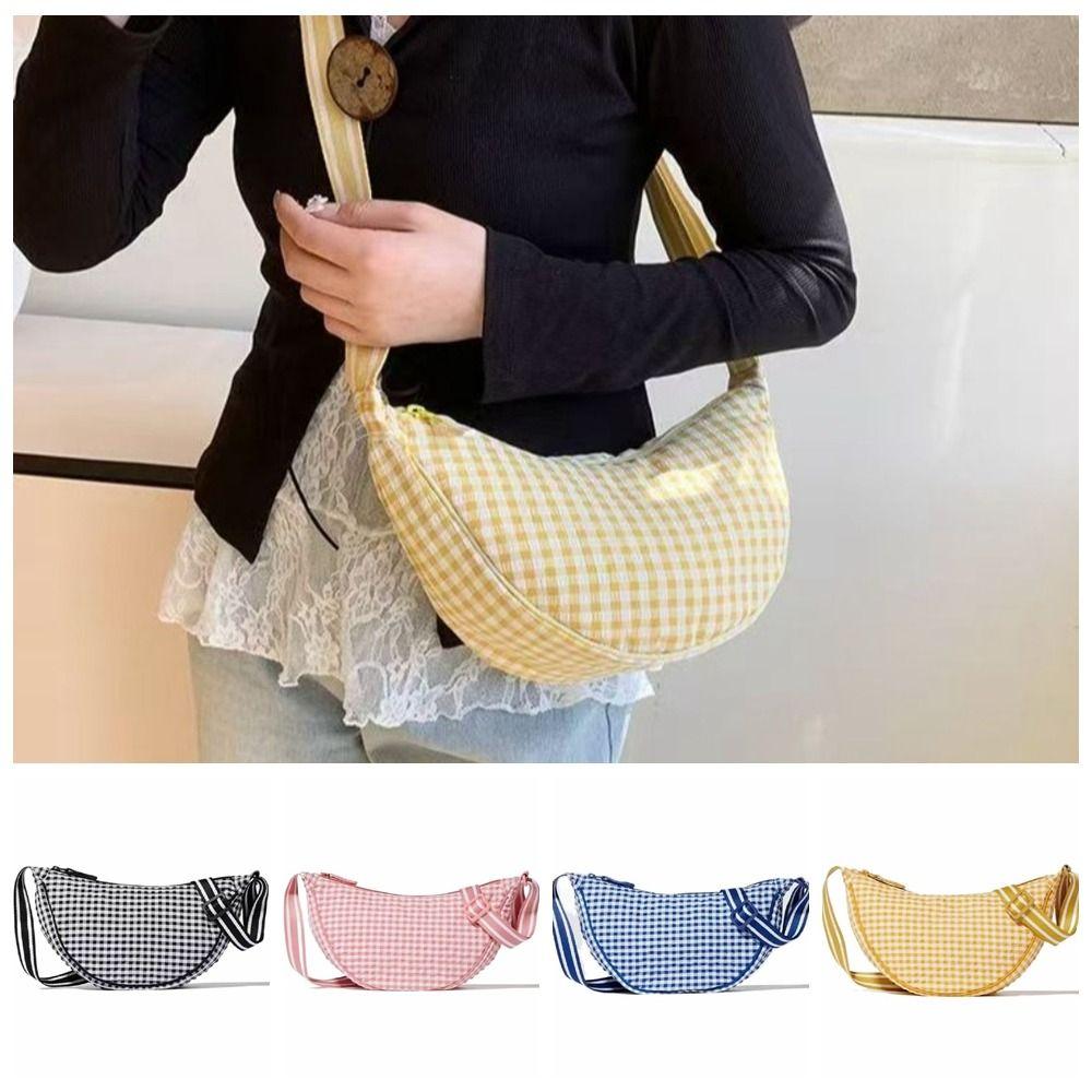 Versatile Plaid Shoulder Bag Canvas Dumpling Bag Sweet Nylon Crossbody Bag  Outdoor
