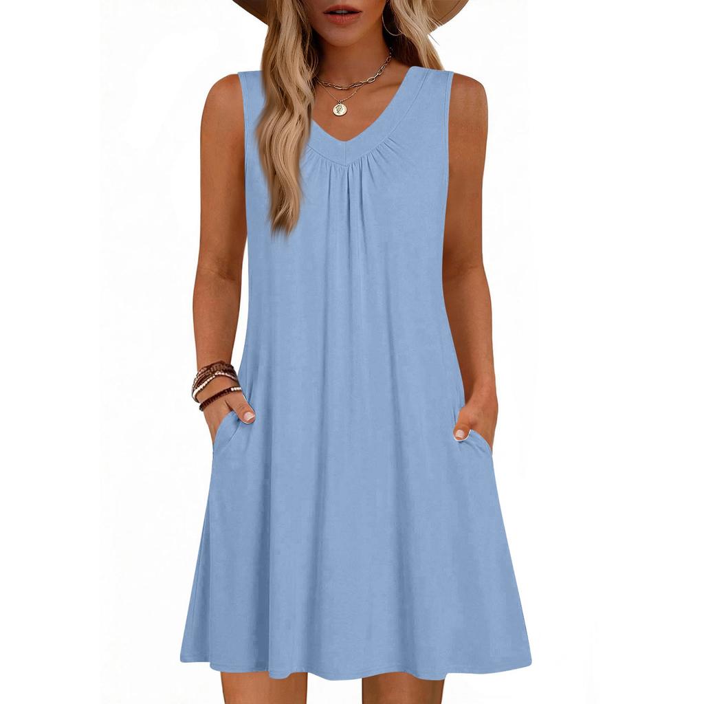 Women's Fashion Color Summer Sleeveless V-neck Vest Pocket Casual Loose Dress