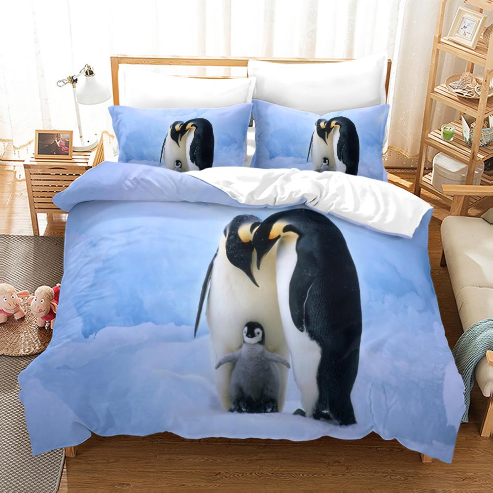 Antarctic Penguins Duvet Cover Set For Kid Girl Boy Cute Animals Polyester Comforter Cover Black White Print Bedspread King Size