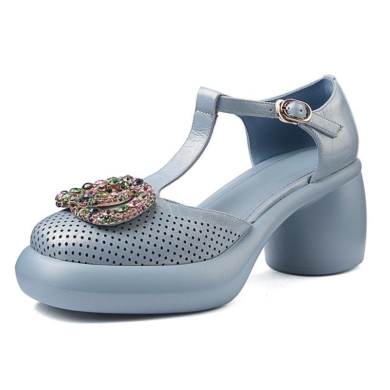 

7.5СМ модные полые дышащие сандалии с закрытым носком, летние новинки, круглый носок, толстая подошва, толстый каблук, стразы, кожаные украшения, туфли на высоком каблуке 40 синий