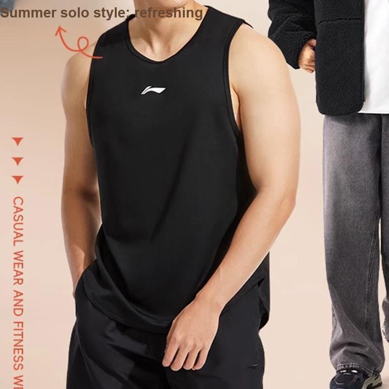 Li-Ning Solid Color Round Neck Sleeveless T-Shirt And Mid-Waist Elastic Shorts Casual Sports Set Men Sets Black ZHMB407-1+ZHMB063-2