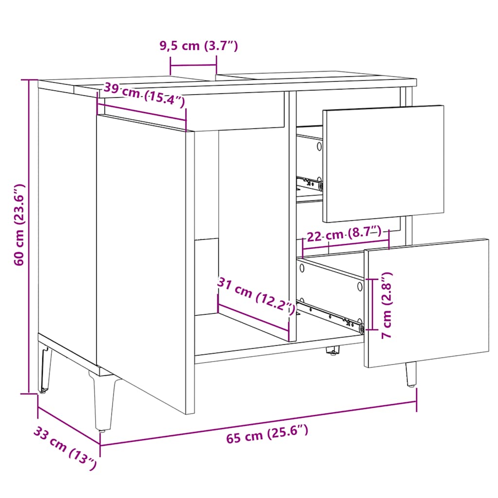 Schrank unter dem Waschbecken, 2 Schubladen, schwarzes dreieckiges Stativ, 65x33x60 cm