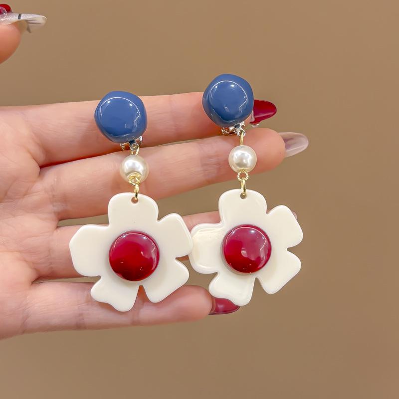 80s Hong Kong Style Red & Blue Clip-On Earrings for Non-Pierced Ears – High-End French Luxury Stud Hoops