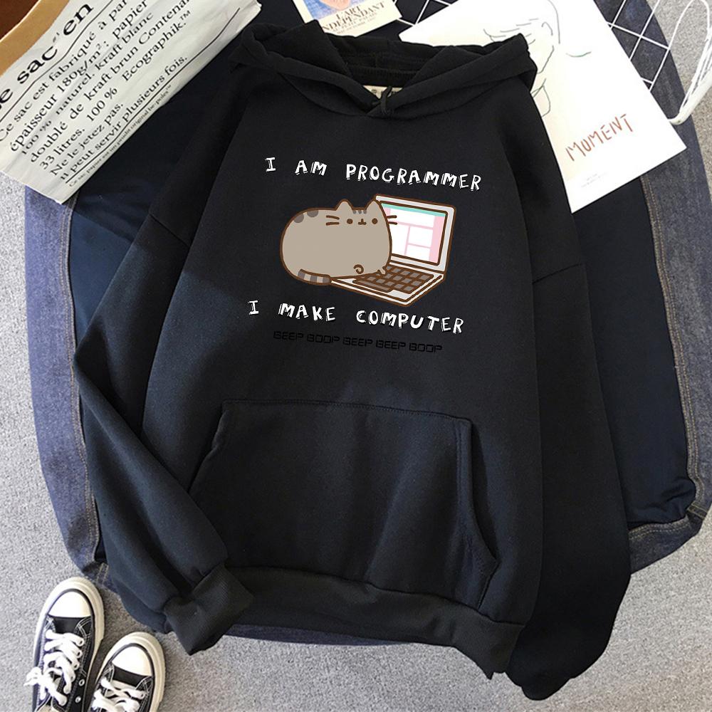 I Am Programmer I Make Computer Funny Cat Womens Hoody Pocket O-Neck Pullovers Casual Fashion Soft Hoody Harajuku Loose Clothes