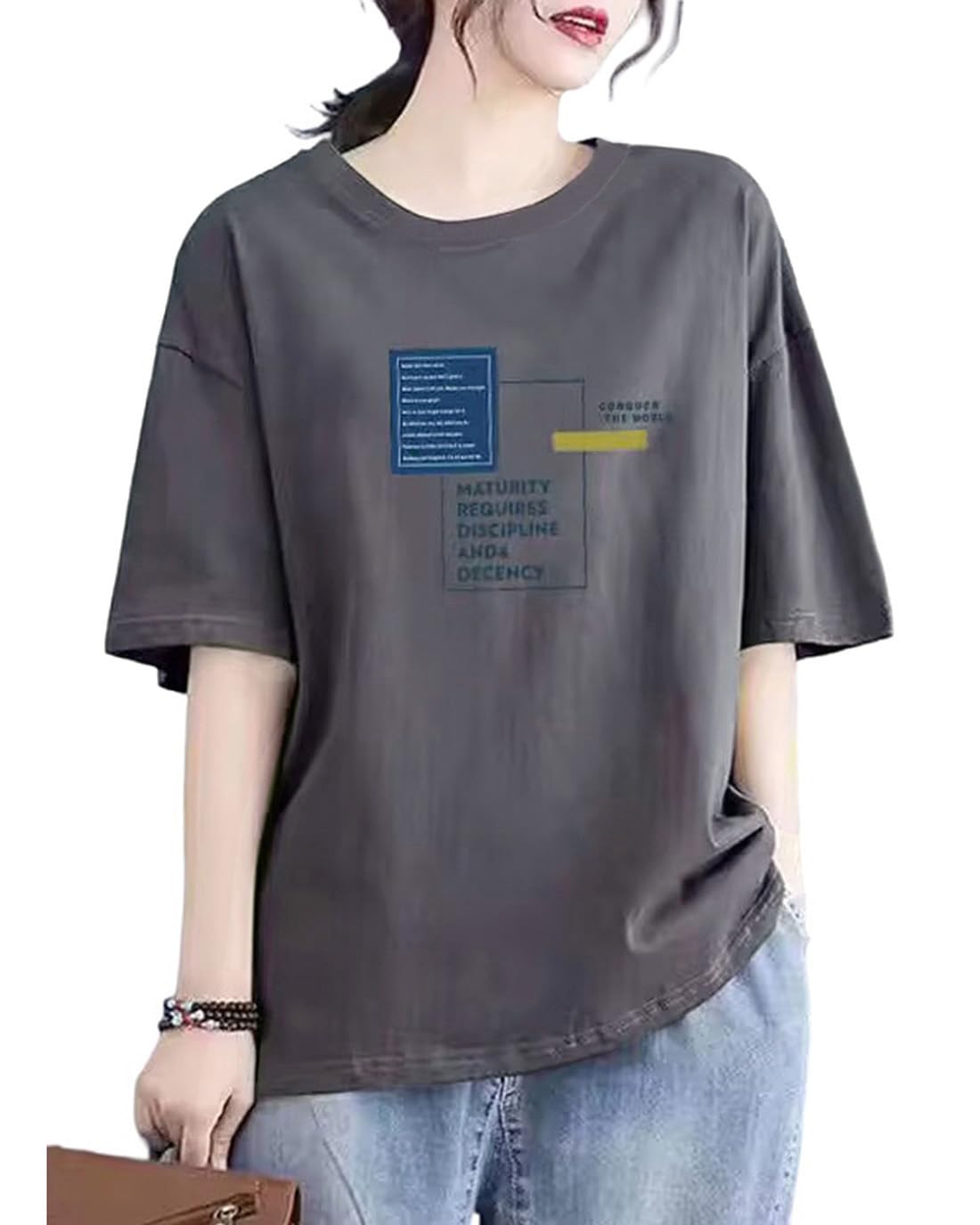 

Short Loose Large Size [JHIJSC] Women s T-shirt, Sleeve, Summer, Fit, Cotton, Print, Cute, Thin, Stylish, (JP, Алфавит, M, Серый) серый
