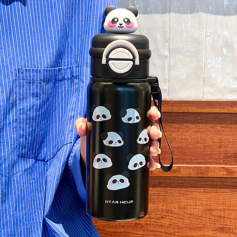 Panda Kids Portable Stainless Steel Thermos With Reusable Straws For School And Outdoors