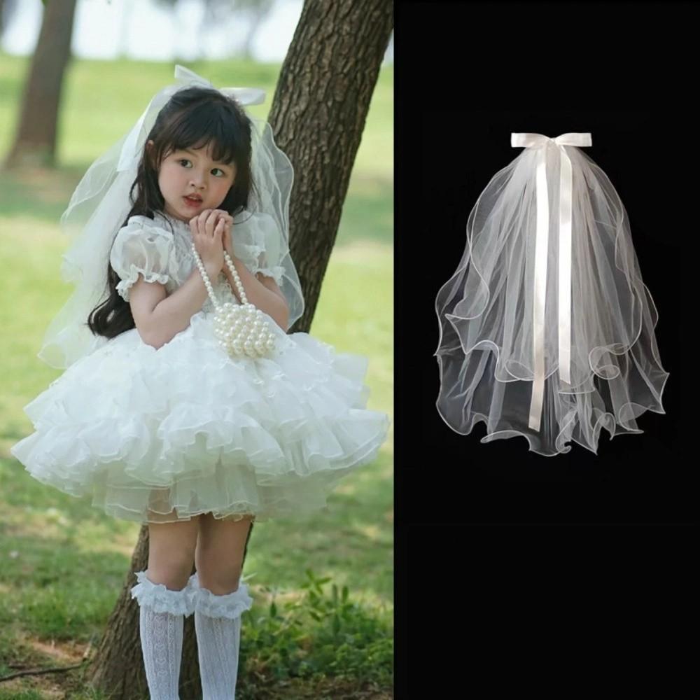 2PCS Elegant Double Layered Headband Bow Tied Wedding Gauze Head Covering Bride's Head Gauze  Party