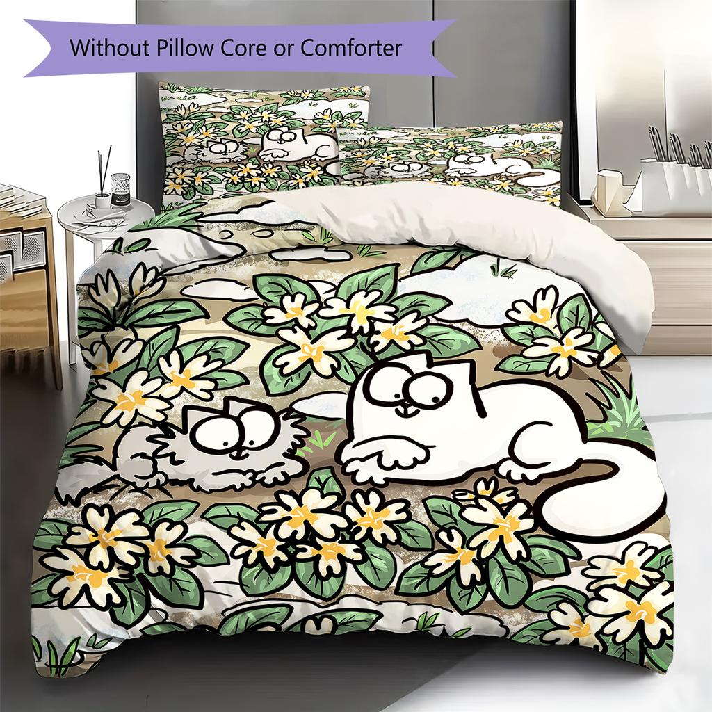 Simon's Cat Muster Bettwäsche, Steppbett Set Bettbezug Kissenbezug Zuhause Geburtstagsgeschenk (1 Bettbezug + 2 Kissenbezüge, ohne Füllung)