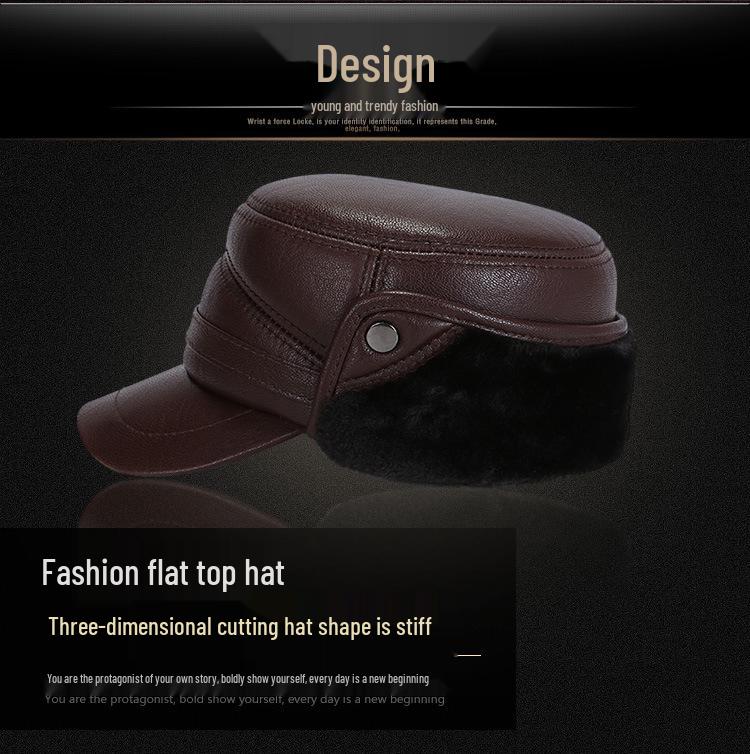 Men's Winter Cowhide Sheepskin Leather Hat - Thick, Warm Lei Feng Style for Middle-aged & Elderly