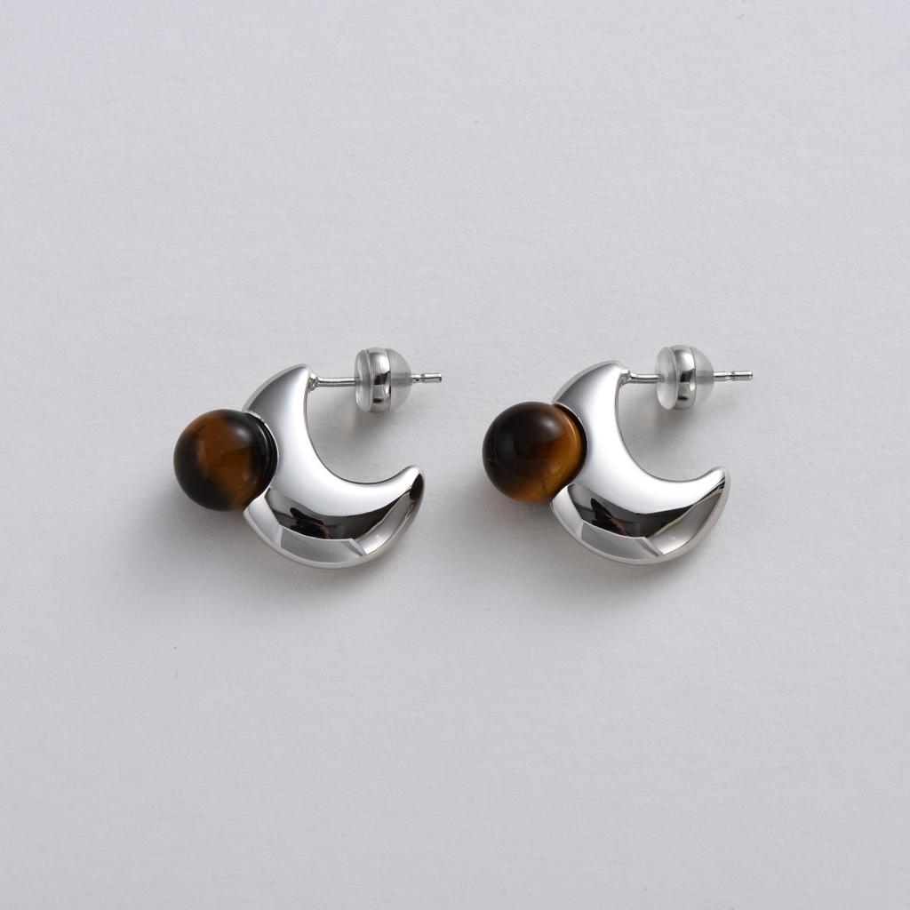 High-End Minimalist Metal Crescent Inlaid Tiger'S Eye Earrings S925 Silver Needle Stud Earrings Niche Temperament Earrings
