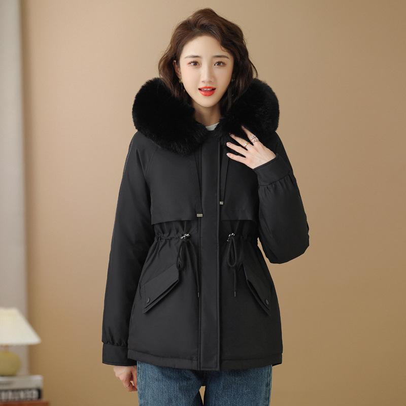 Autumn and winter women's hooded big fur collar pie to overcome waist and thin windproof cotton clothing supply