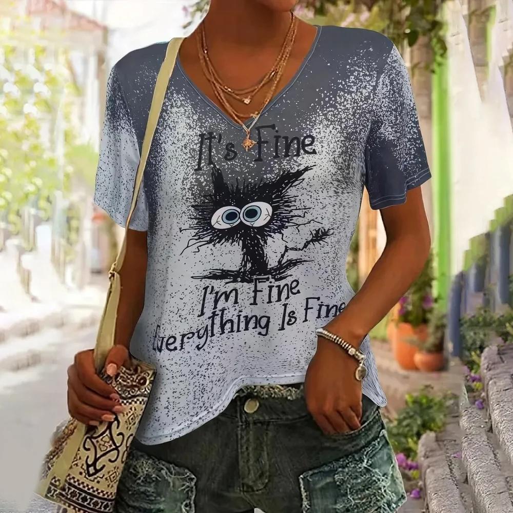 Tricou de modă de vară pentru femei, cu desene animate, pisică neagră, cu decolteu în V, tricouri, pentru femei, ocazional, îmbrăcăminte cu mânecă scurtă, îmbrăcăminte de stradă elegantă pentru femei