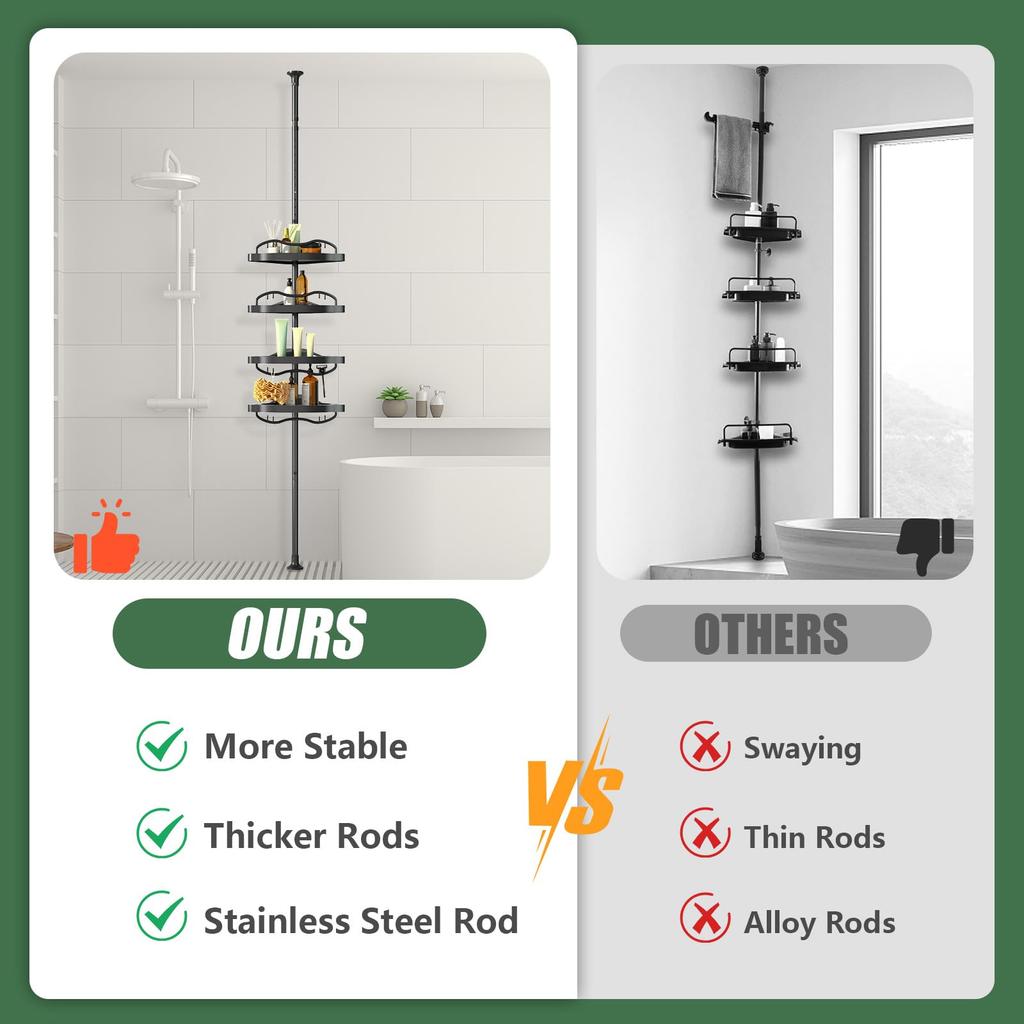 Bathroom Adjustable Tension Pole Corner Shower Caddy with ABS Rustproof Stainless Steel No Drill Shower Large Shower Storage Shelf for Rack, 140-310cm