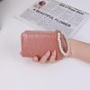 Women's Korean Style Short Wallet with Pearl Chain, Stone Texture, Card Slots, and Money Clip