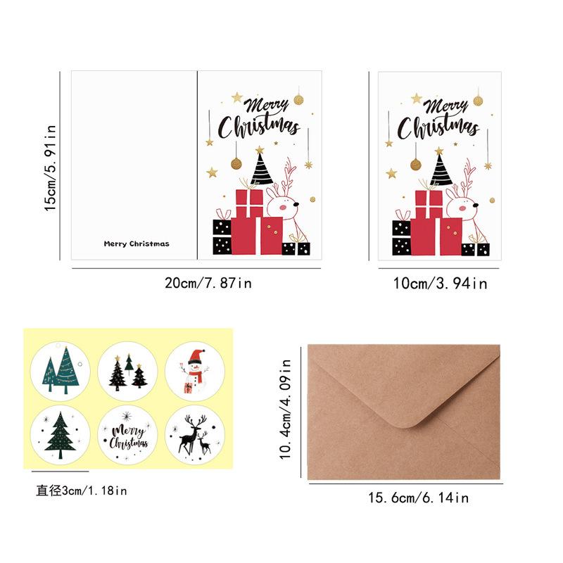 6Pcs Christmas Card Set with Envelopes & Stickers Minimalist Gold Black Tree Snowman Reindeer Holiday Greeting Cards