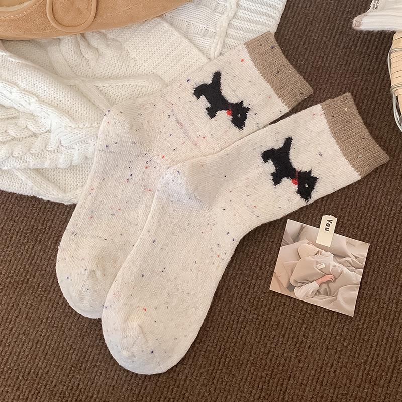 Women's Mid-Calf Fair Isle Pattern Wool Socks - Cute, Warm, and Thickened for Autumn and Winter, with Small Dog Design.