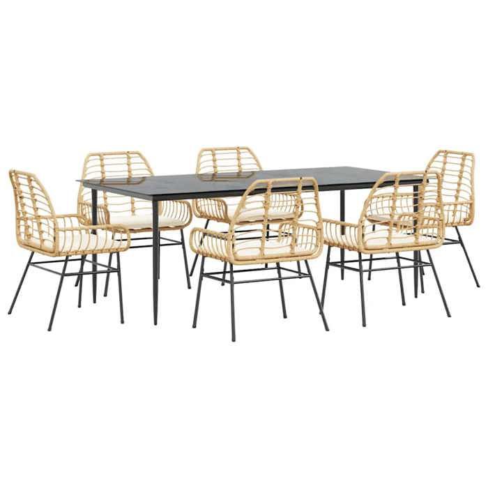 VidaXL Ensemble à manger jardin coussins 7pcs marron rpoly otin verre, ensemble de salle à manger d'extérieur, meuble de 3334462