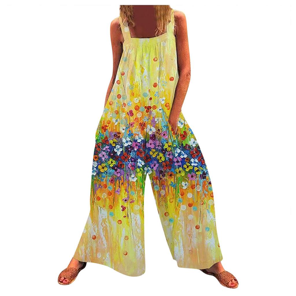 2026 Summer Plus-Size Women's Printed Strappy Wide-Leg Jumpsuit