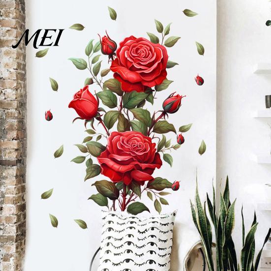 Easy Application Flower Wall Decor Red Rose Sticker, Watercolor Floral Peel and Stick Decal for Creative Soft Decoration Gifts Living Room Bedroom,