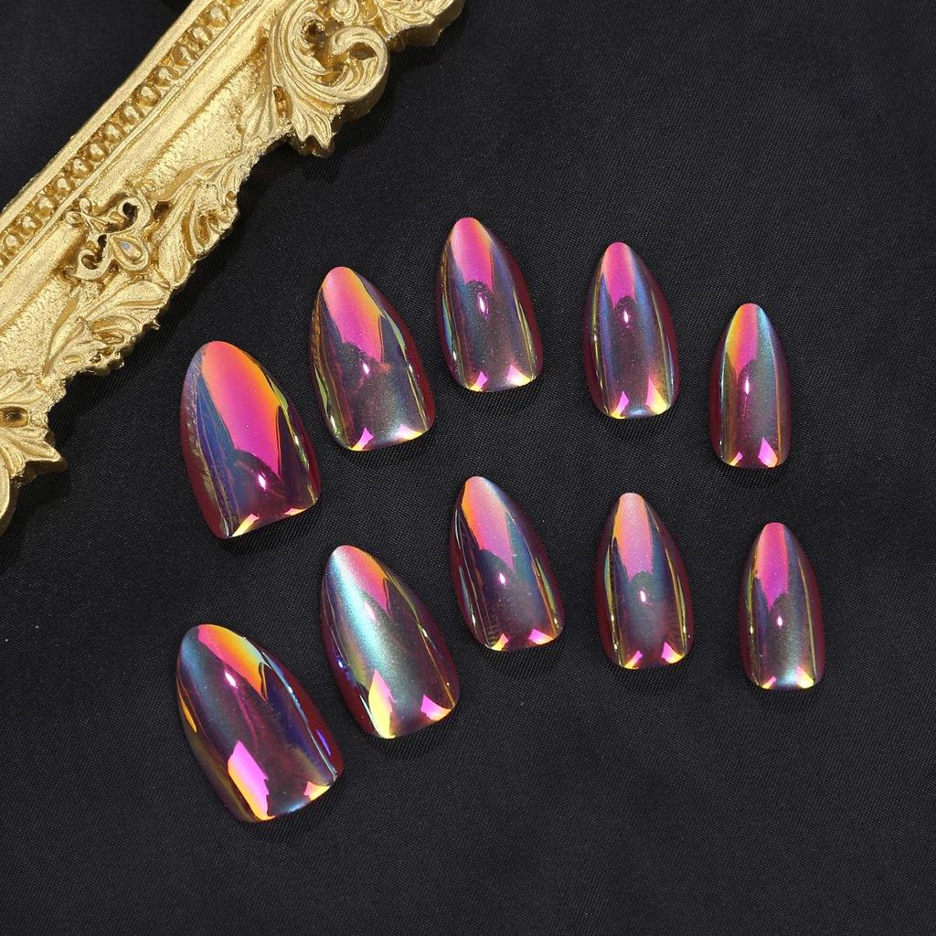 Electroplated Iridescent Cat Eye Almond Stiletto Nail Tips - Wearable Pre-made False Nails for Art.