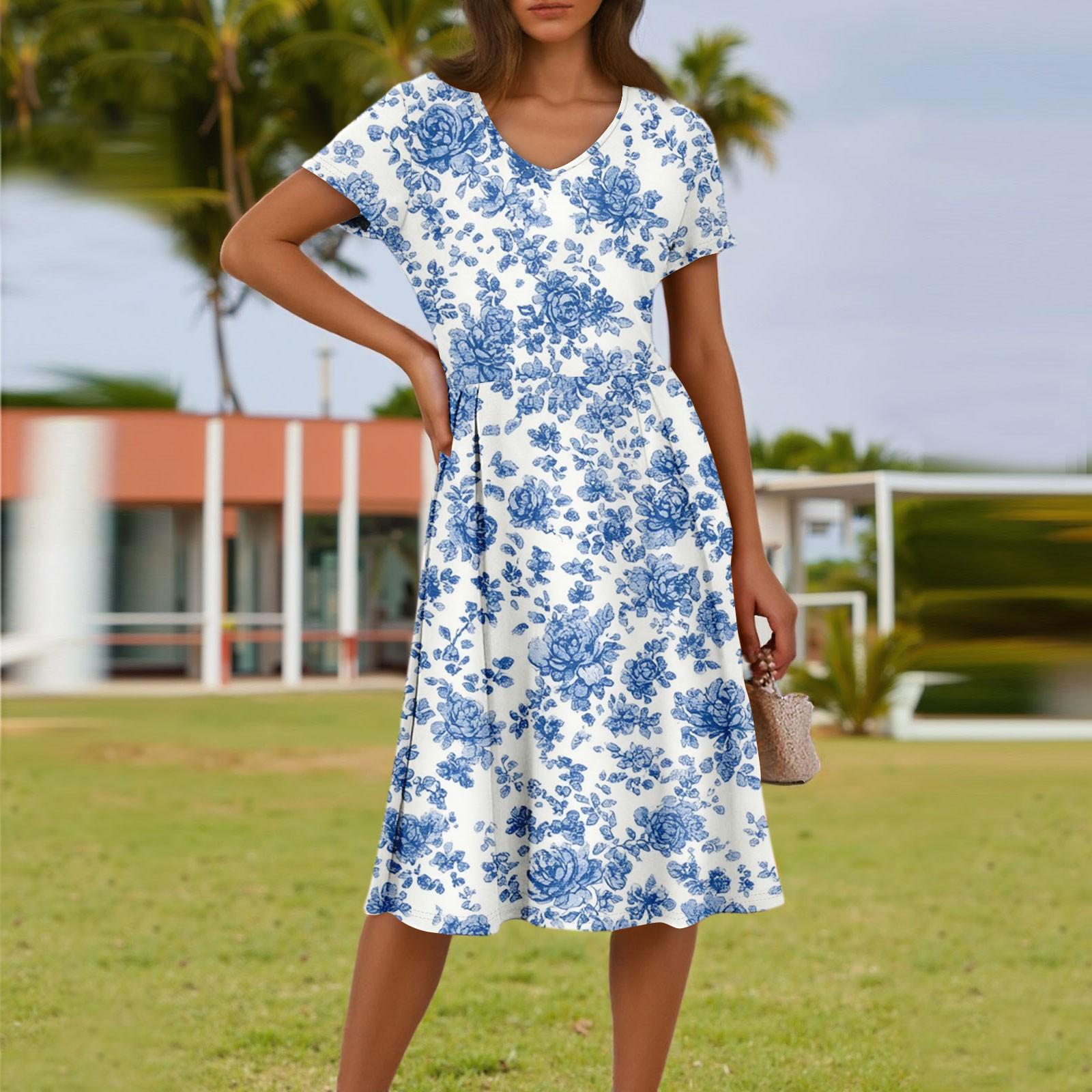 

Женское летнее модное повседневное платье с цветочным принтом, V-образным вырезом, короткими рукавами и карманом XL
