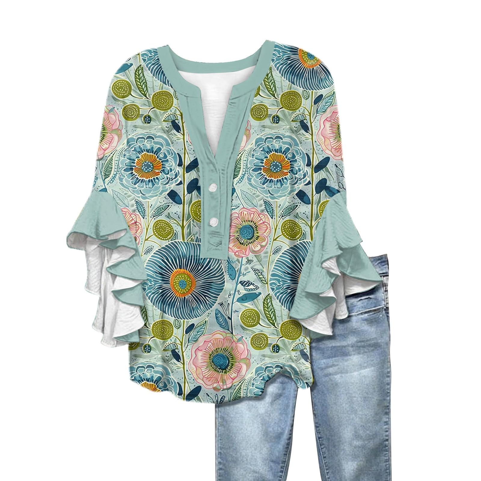 Summer Women s Tops V-Neck Seven Sleeve Shirt Spring Summer Floral Printed Tops Casual Shirt S циан