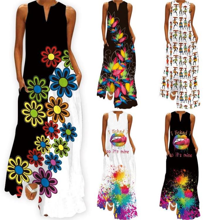 

2024 Women s Summer Long Sleeveless V-Neck Printed Dress XXXL