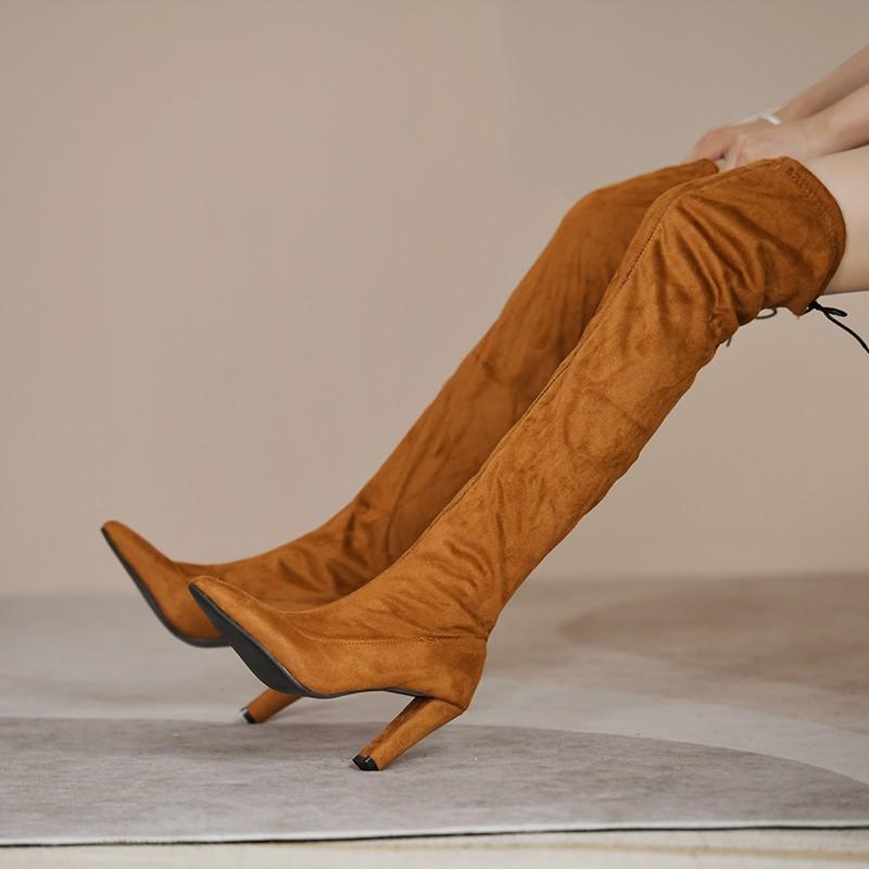 Autumn and winter new large-size women's shoes elastic over-the-knee boots high tube pointed thick heel heightening shoes women