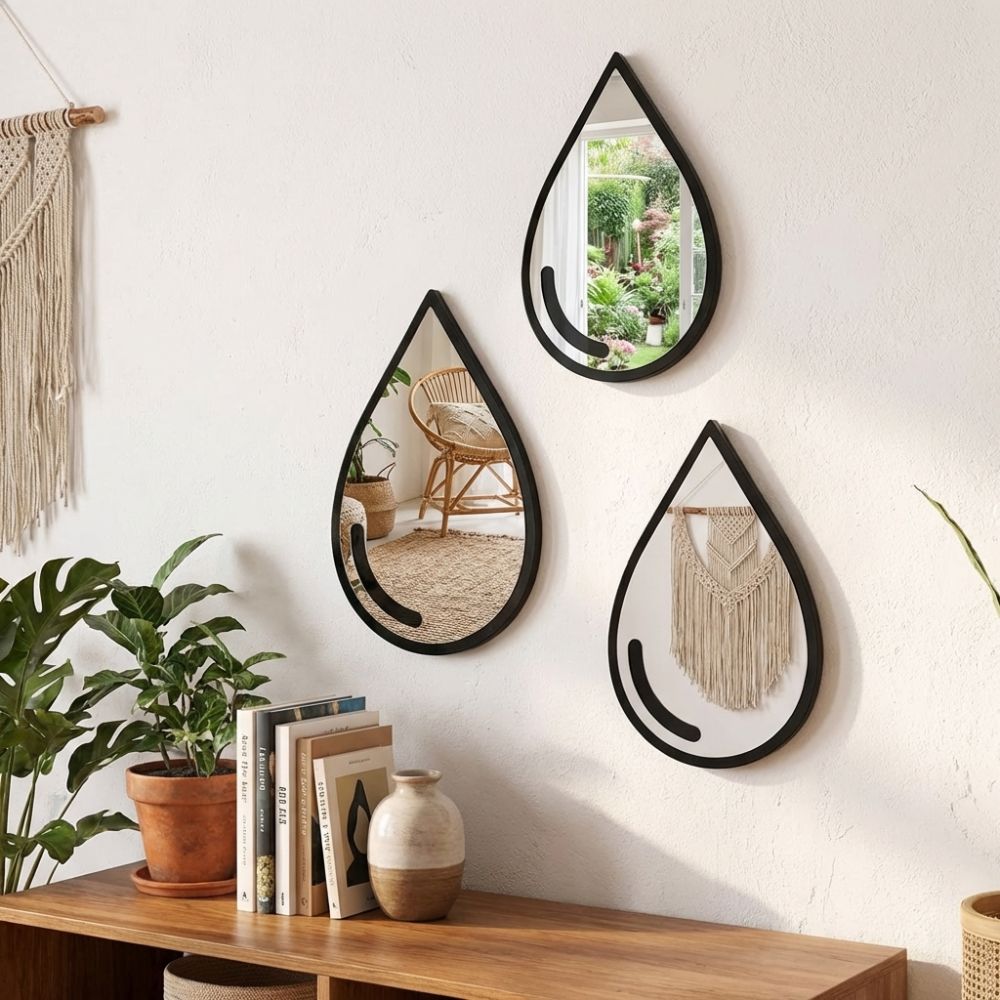 3Pcs Self-Adhesive Acrylic Mirror Wall Stickers Black Frame Teardrop-Shaped Mirror  Bathroom