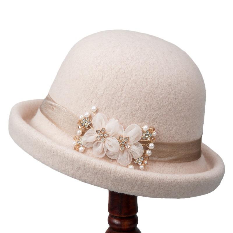 Ladies top hat autumn and winter woolen dome basin hat new curled flower fisherman hat