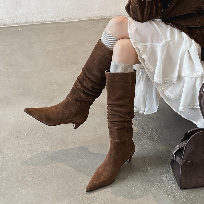 

Мода 2025 Осень Женские Сапоги Кожа Замша Женская Обувь Острый Носок Тонкий Каблук Слипоны Сапоги до Колена Западный Современный Женские Сапоги 34