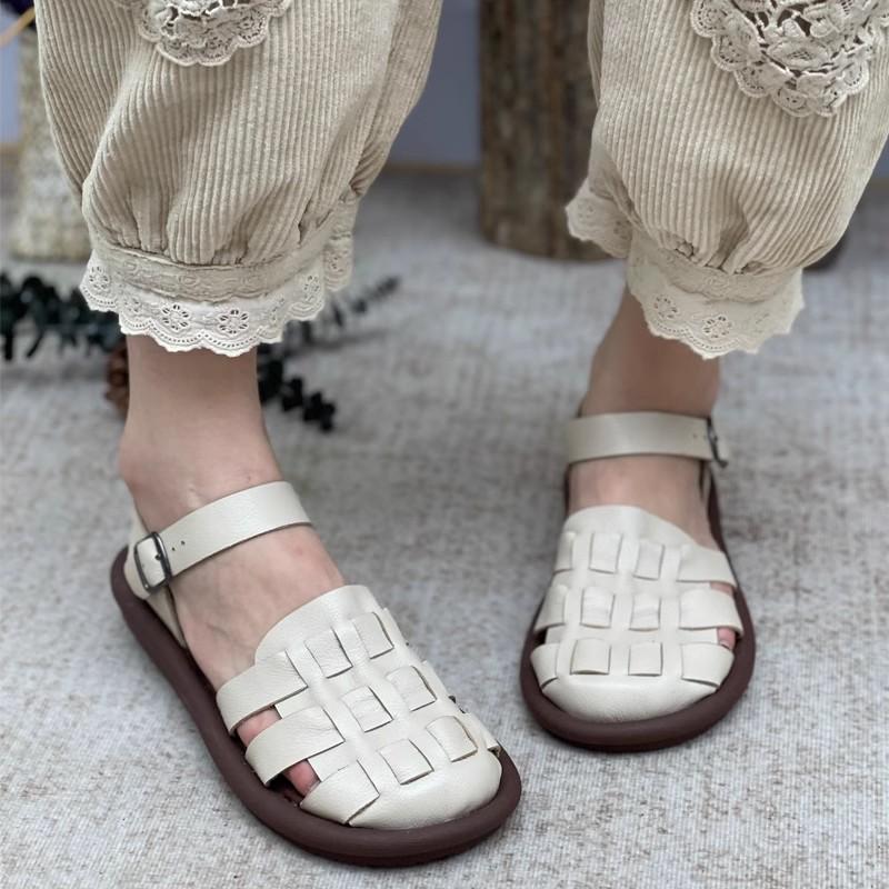 Cowhide Flat Sandals Retro Nostalgic Leather Woven Women Shoes Healthy and Breathable In Summer