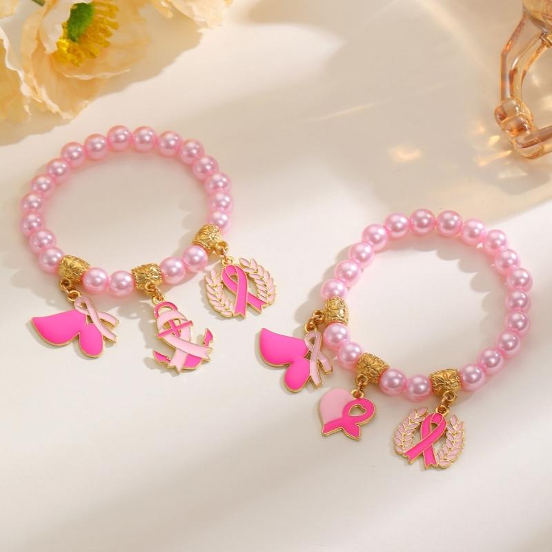 Symbolic Beaded Bracelet For Breast Cancers Awareness Adjustable Design Wristchain Ribbon Wheat Pendant Jewelry
