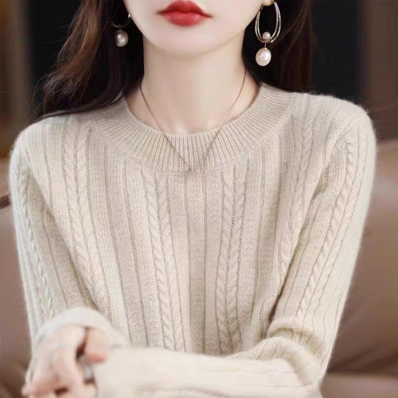 Twisted Sweater for Women Round-neck Loose Knitted Sweater Solid-color Long-sleeved Casual Pullover Autumn and Winter Top