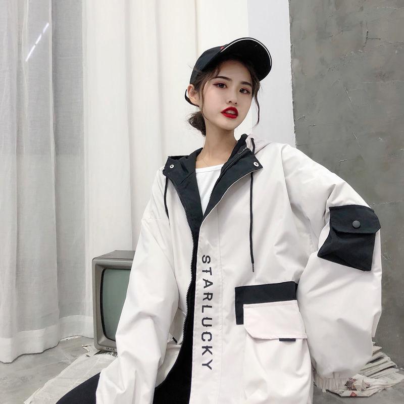 Cool Black Work Jacket Harajuku Streetwear Hoodie Women Vintage Ulzzang Autumn Boyfriend Patchwork Jacket