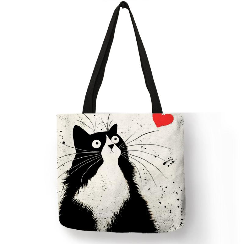Tote Einkaufstasche süße Katze Druck Frauen Handtasche Leinen Totes mit Print Logo Casual Reisen Strand Taschen