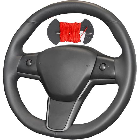 

Car Steering Wheel Cover Microfiber Leather Stitch Wheel Wrap Fit for Tesla Model 3 2017 2018 2019 2020 2021,Black Red Thread