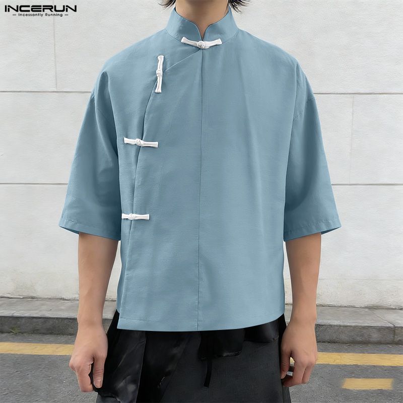 INCERUN Summer Men Vintage Stand Neck Short Sleeve Side Buttons Casual Vintage Shirts